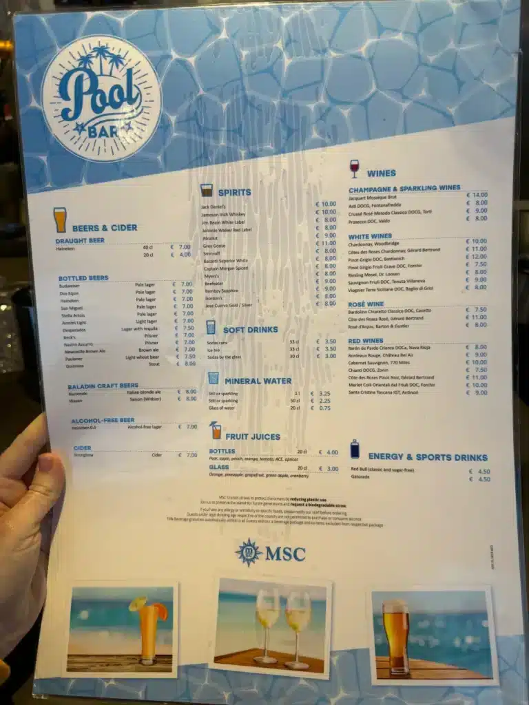 Tarjetas de bebidas MSC Cruceros con precios (2024)