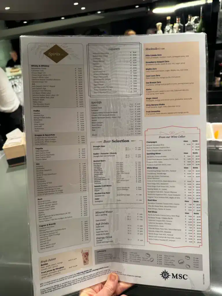 Tarjetas de bebidas MSC Cruceros con precios (2024)