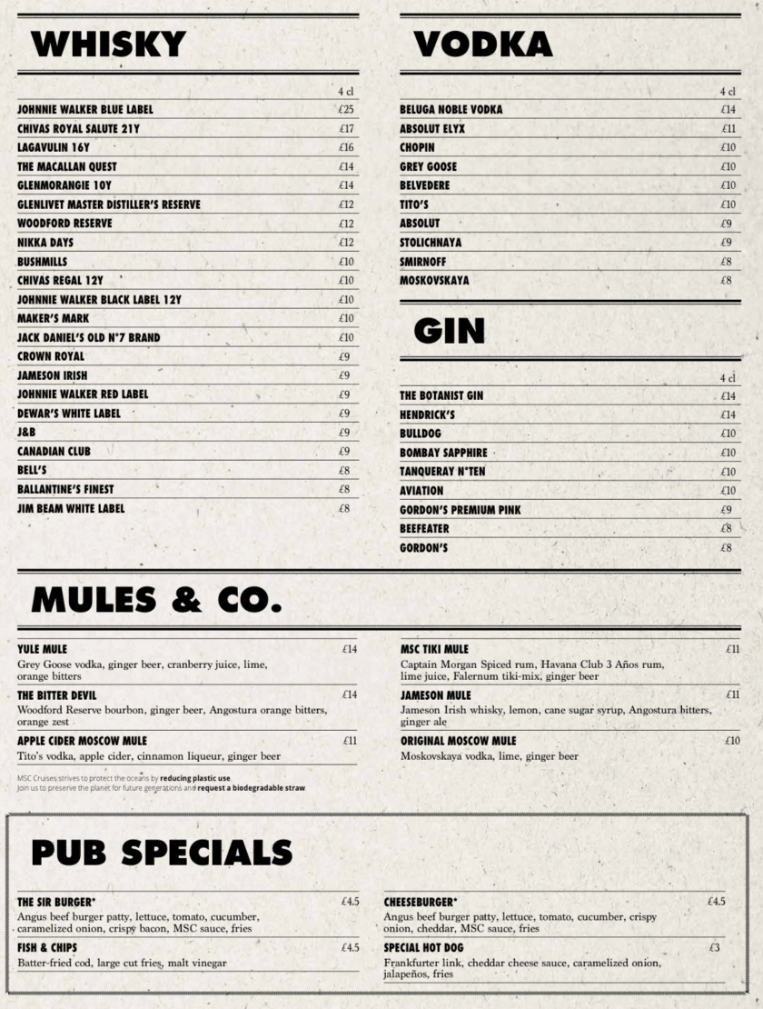 Tarjetas de bebidas MSC Cruceros con precios (2024)