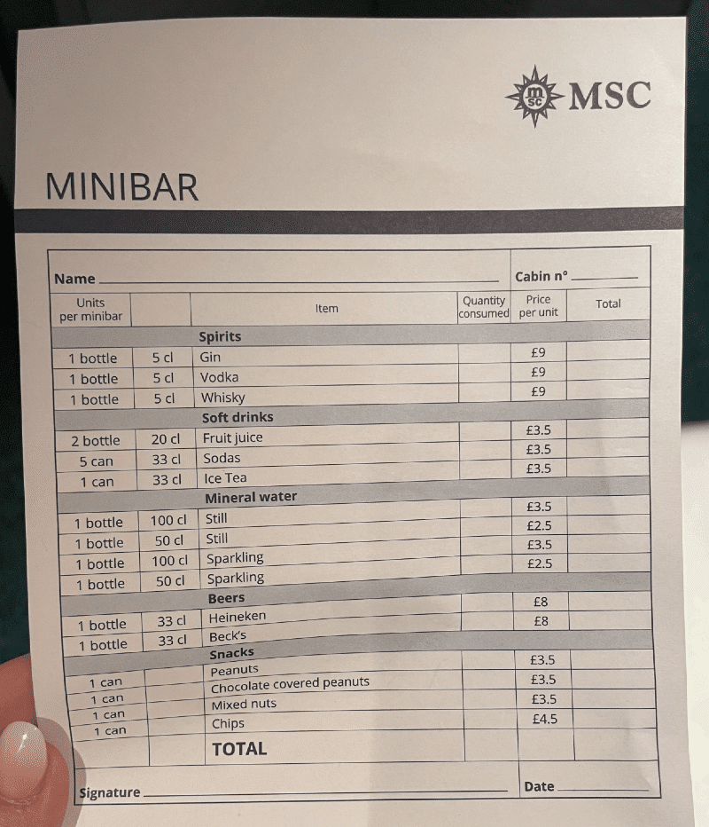 Tarjetas de bebidas MSC Cruceros con precios (2024)