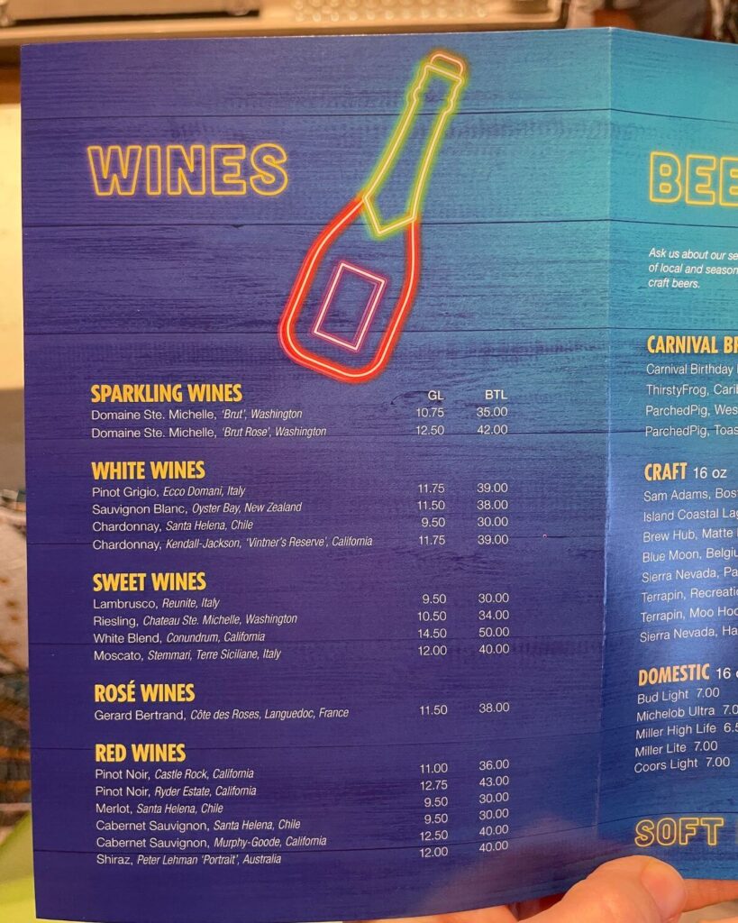Menús de bebidas y precios para Carnival Cruise Menús de bebidas y precios para Carnival Cruise