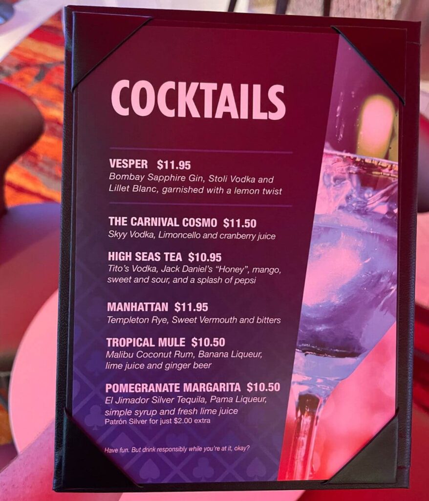 Menús de bebidas y precios para Carnival Cruise Menús de bebidas y precios para Carnival Cruise