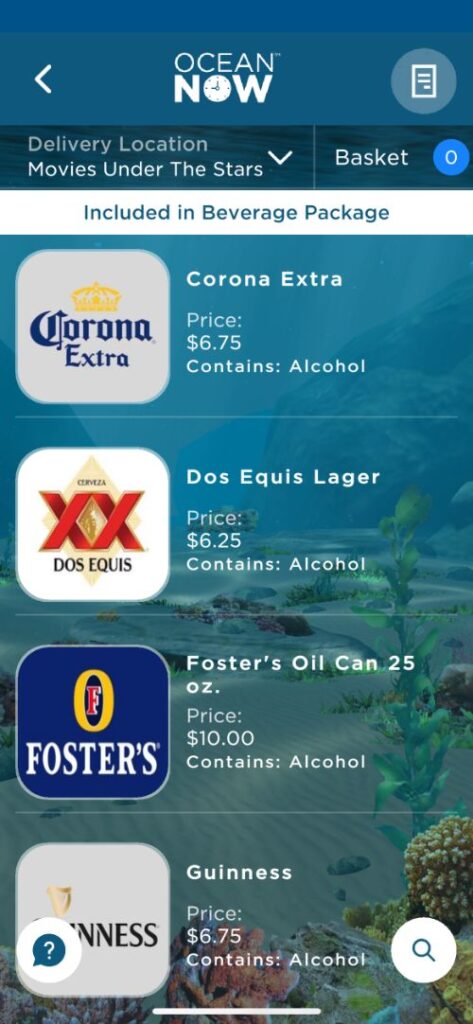 Cartas de bebidas de Princess Cruceros con precios