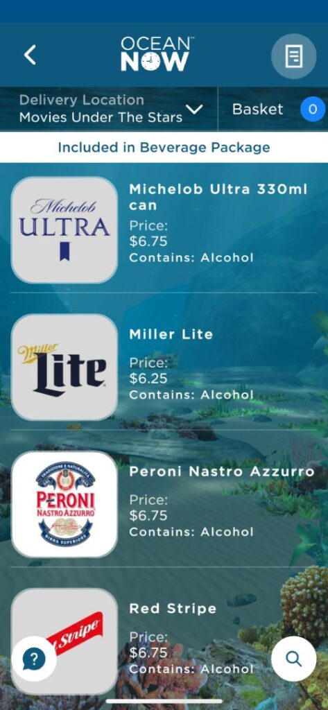 Cartas de bebidas de Princess Cruceros con precios
