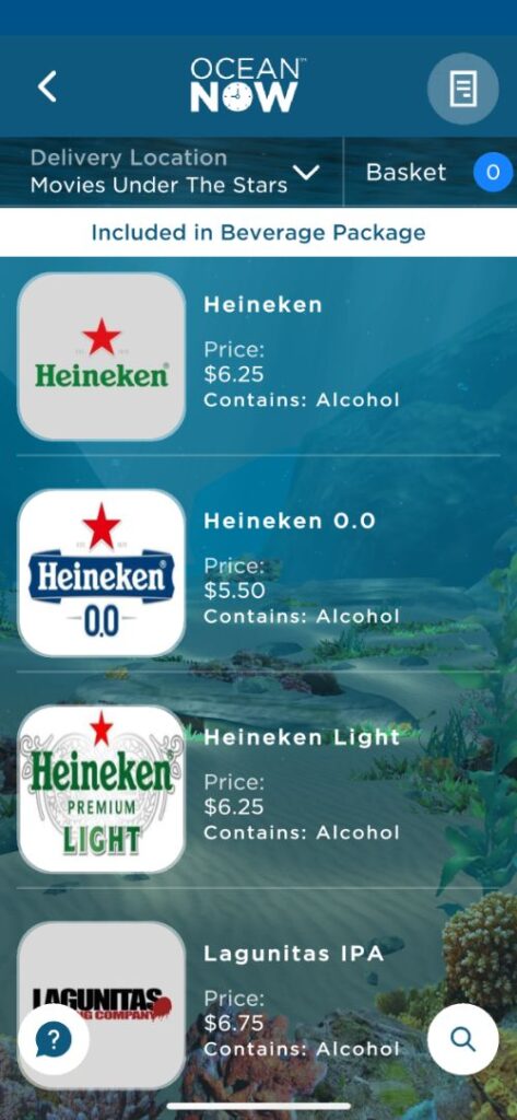 Cartas de bebidas de Princess Cruceros con precios