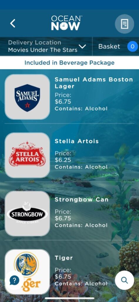 Cartas de bebidas de Princess Cruceros con precios