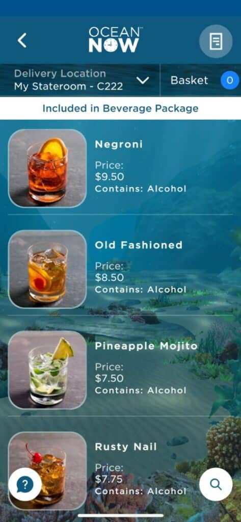 Cartas de bebidas de Princess Cruceros con precios