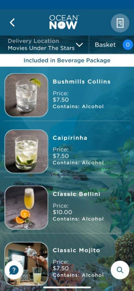 Cartas de bebidas de Princess Cruceros con precios