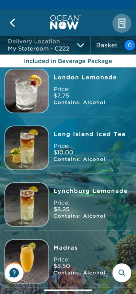 Cartas de bebidas de Princess Cruceros con precios