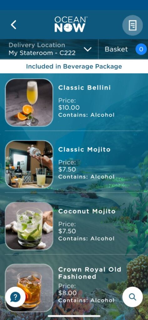 Cartas de bebidas de Princess Cruceros con precios
