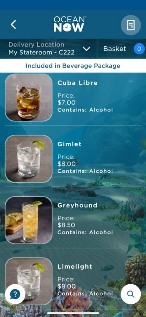 Cartas de bebidas de Princess Cruceros con precios