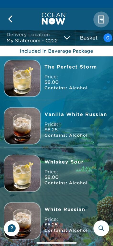 Cartas de bebidas de Princess Cruceros con precios