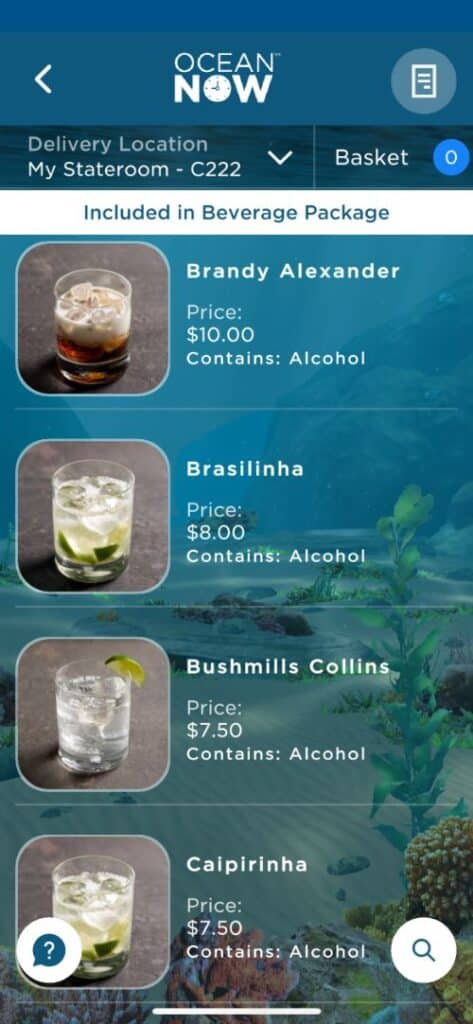 Cartas de bebidas de Princess Cruceros con precios