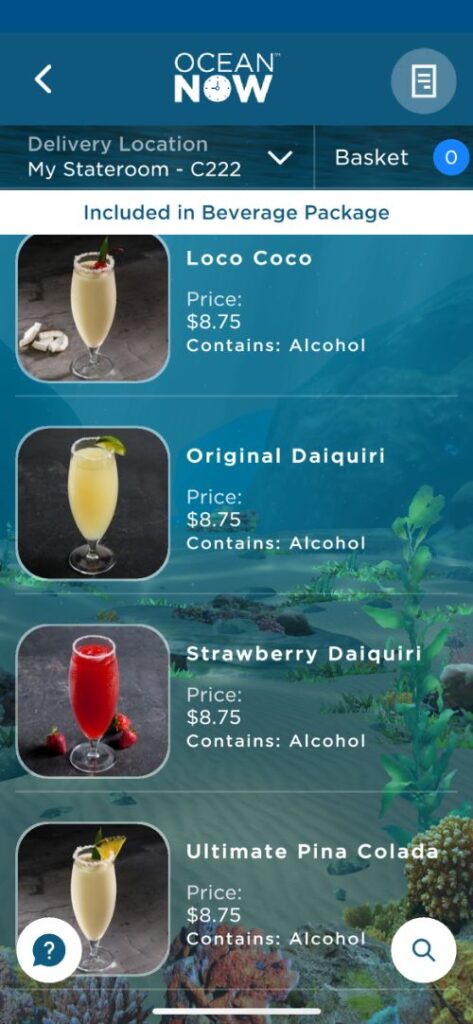 Cartas de bebidas de Princess Cruceros con precios