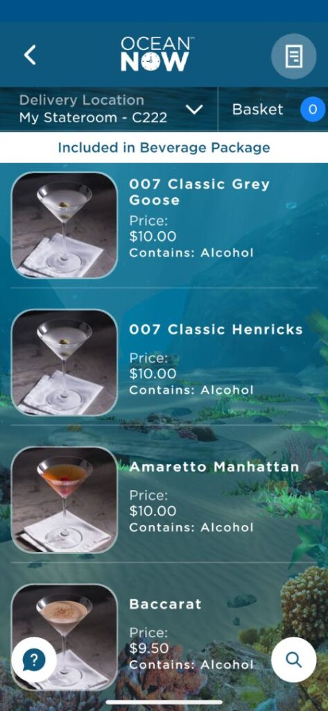 Cartas de bebidas de Princess Cruceros con precios