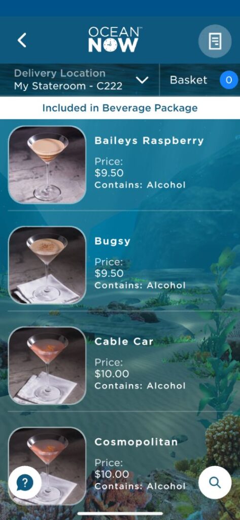 Cartas de bebidas de Princess Cruceros con precios