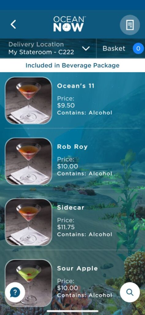 Cartas de bebidas de Princess Cruceros con precios