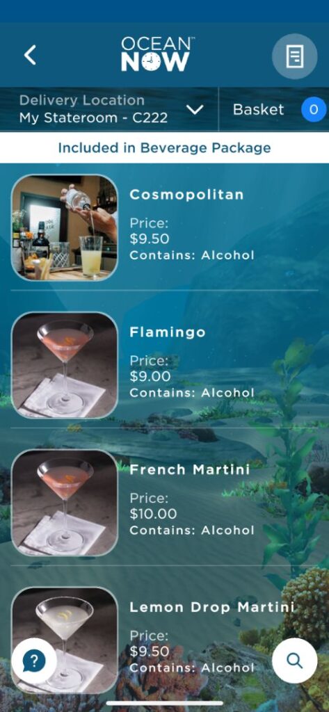 Cartas de bebidas de Princess Cruceros con precios