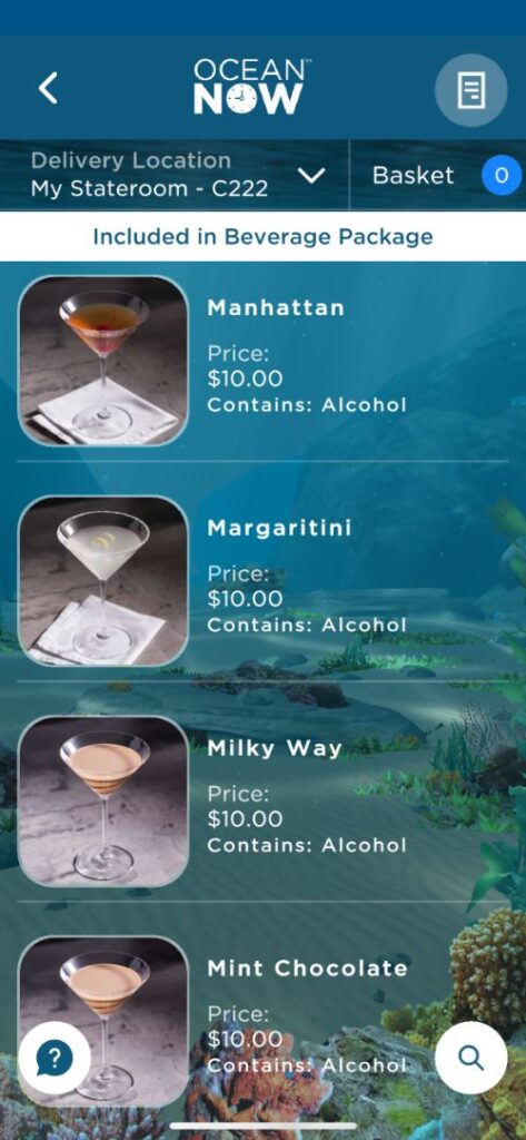 Cartas de bebidas de Princess Cruceros con precios