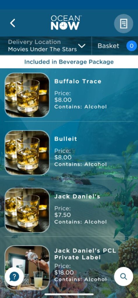 Cartas de bebidas de Princess Cruceros con precios