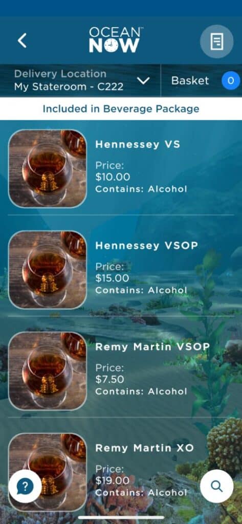 Cartas de bebidas de Princess Cruceros con precios