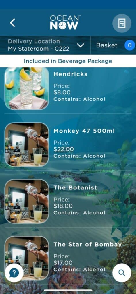 Cartas de bebidas de Princess Cruceros con precios