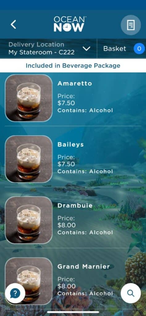 Cartas de bebidas de Princess Cruceros con precios
