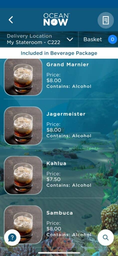 Cartas de bebidas de Princess Cruceros con precios