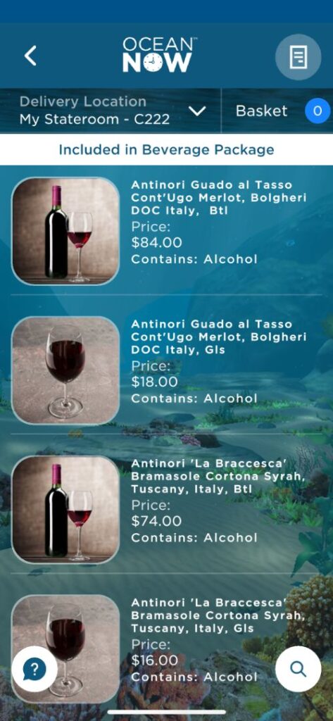 Cartas de bebidas de Princess Cruceros con precios Cartas de bebidas de Princess Cruceros con precios
