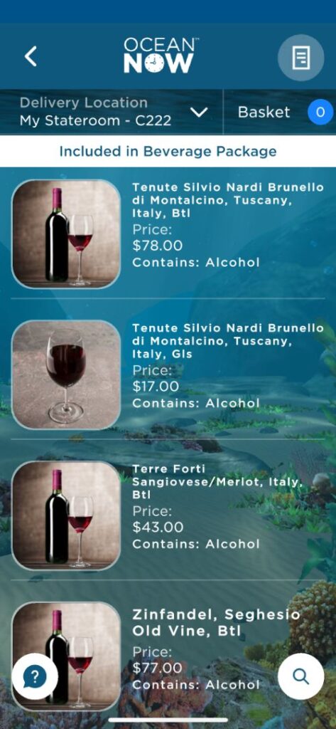 Cartas de bebidas de Princess Cruceros con precios Cartas de bebidas de Princess Cruceros con precios