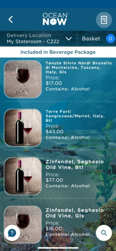 Cartas de bebidas de Princess Cruceros con precios Cartas de bebidas de Princess Cruceros con precios
